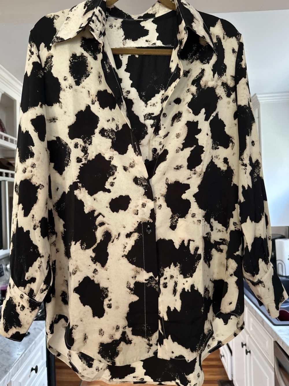 SHEIN Black and Cream Cow-Print Button-Up Blouse